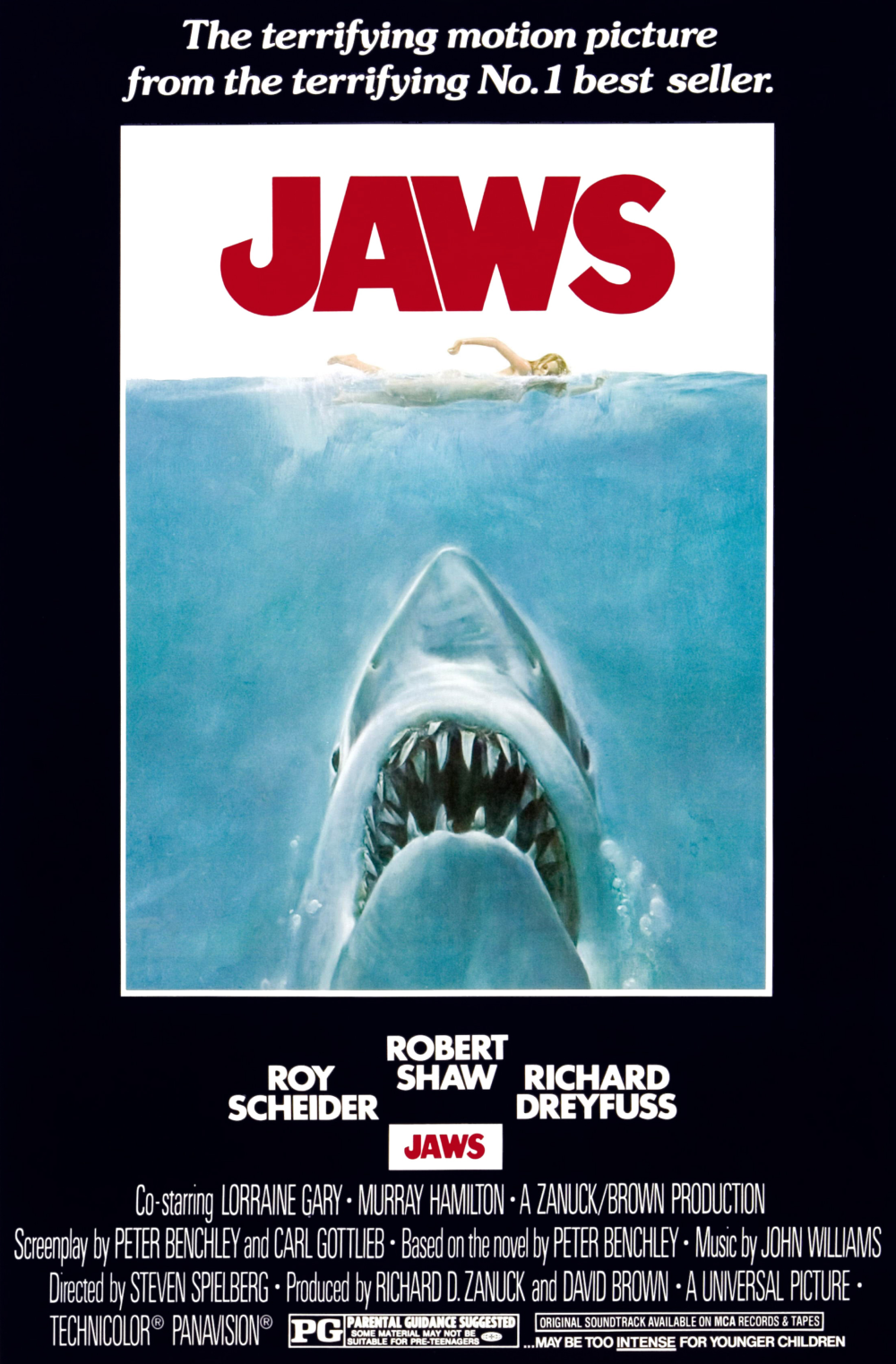the poster says "the terrifying motion picture from the terrifying No. 1 best seller," then there is JAWS and a shark swimming up to attack a swimmer the poster says "the terrifying motion picture from the terrifying No. 1 best seller," then there is JAWS and a shark swimming up to attack a swimmer